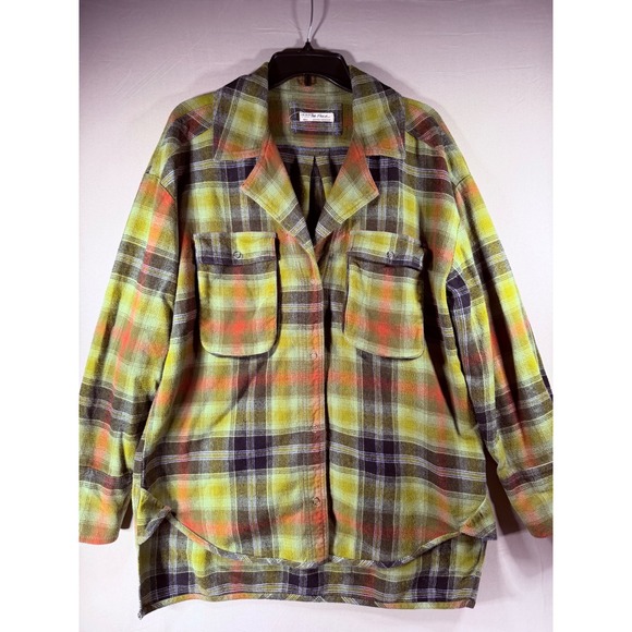 Free People Tops - Free People We The Free Plaid Flannel Shirt Green Orange Oversized Shacket Small